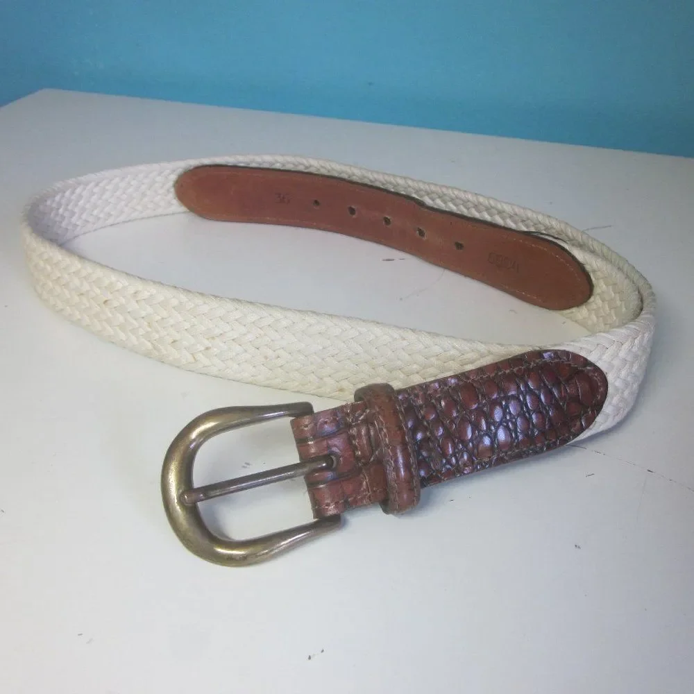 Torino Mens Size 36 Woven Cream Cotton Belt with Leather Accents & Brass Buckle